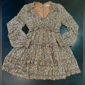 Altar’d State Long Sleeve Ruffle Dress. Brown with blue & white flowers. Size S